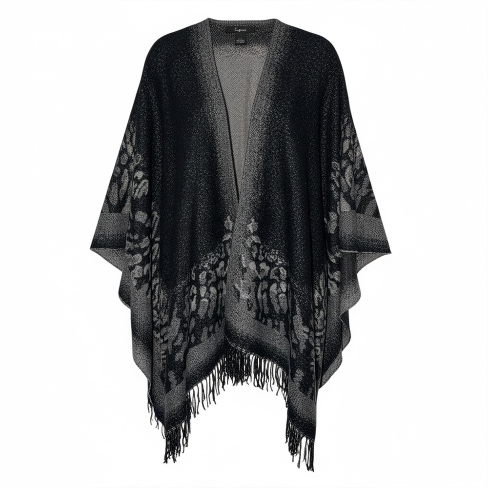 Cejoni Black & Gray‎ Animal Print Fringe Ruana Wrap – One Size
